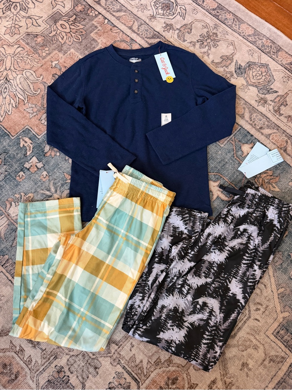 Boys plaid and tree forest pajama pants and navy Henley Long Sleeve Top bundle